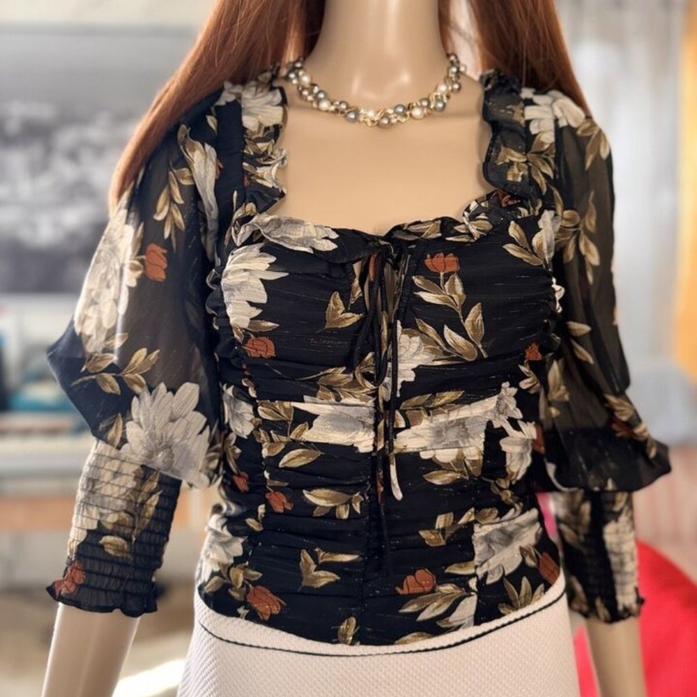ASTR BLACK FLORAL TOPS LONG SLEEVES